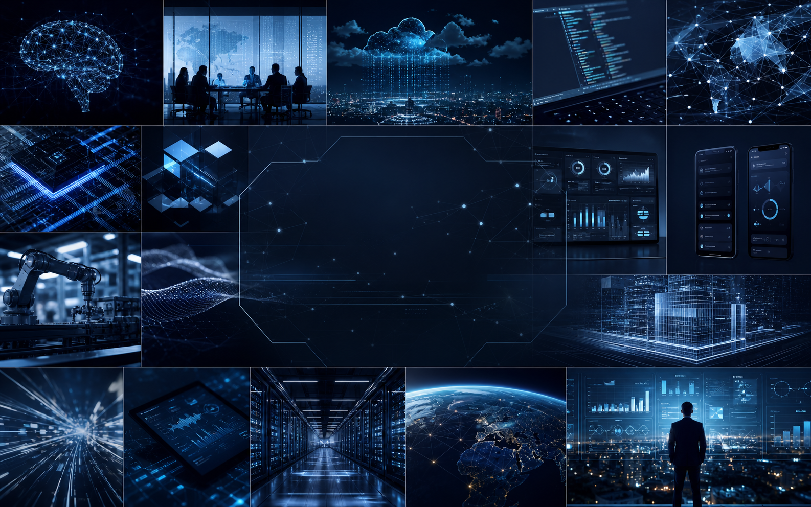 Mosaic of AI, cloud, analytics, automation, and app development imagery